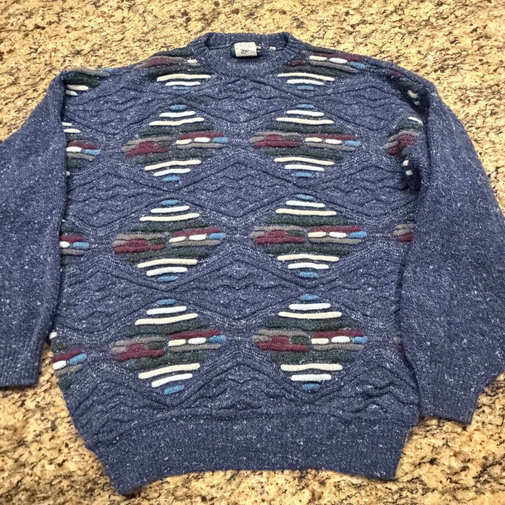 Vintage Tris Line Italy Wool Silk Blend Geometric Diamond Knit Sweater Mens M v